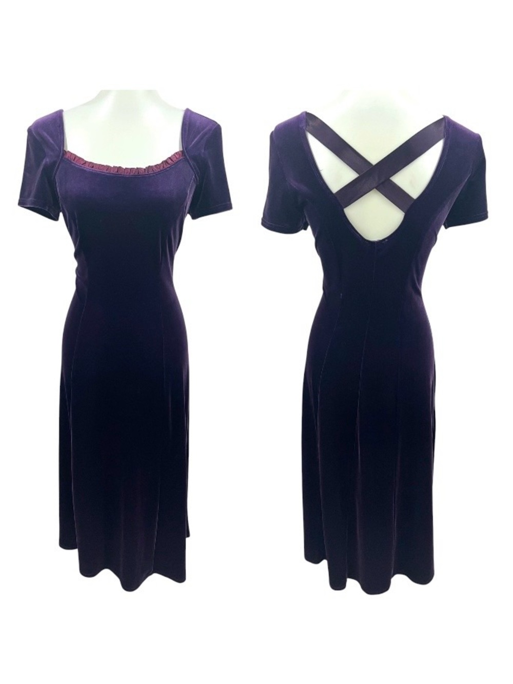 Vintage 90’s Purple Velvet Crossback Short Cap Sleeve Ruffle Neck Maxi Dress